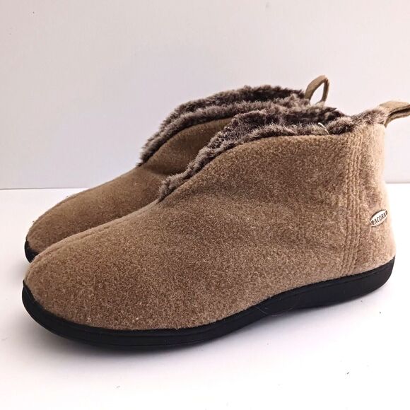 Acorn Bootie Slippers Tan Wool Faux Fur Lined Hard Rubber Sole Ladies 9 - Picture 6 of 10